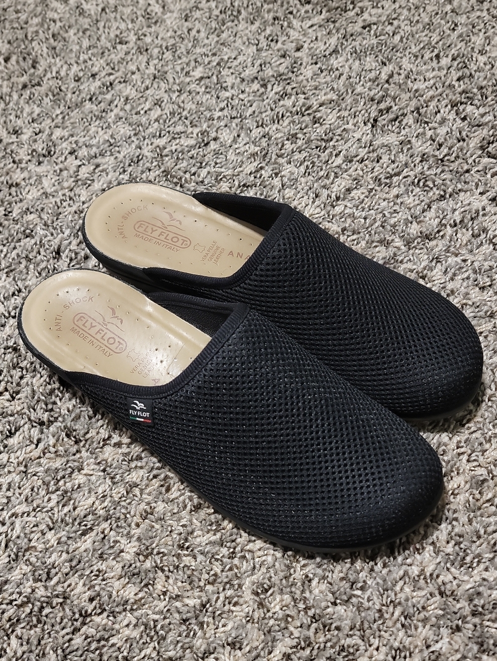 Fly Flot Women's Black Mesh Slip-On Clogs,Leather Footbed, Made In Italy 9.5/41